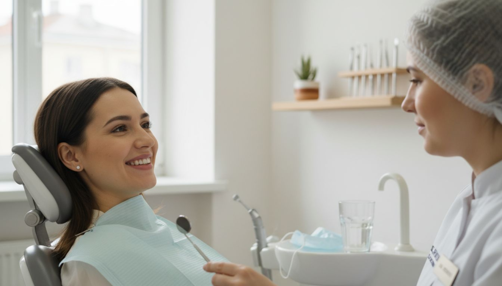 O pacientă își etalează zâmbetul într-un cabinet stomatologic amenajat modern, reflectând atmosfera plăcută și profesionalismul locului.