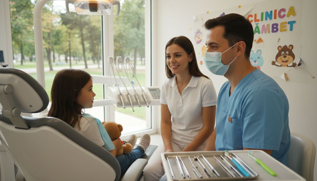 Dentistul pentru copii îi vorbește cu blândețe micuțului pacient, ajutându-l să se simtă în siguranță și să uite de emoții.