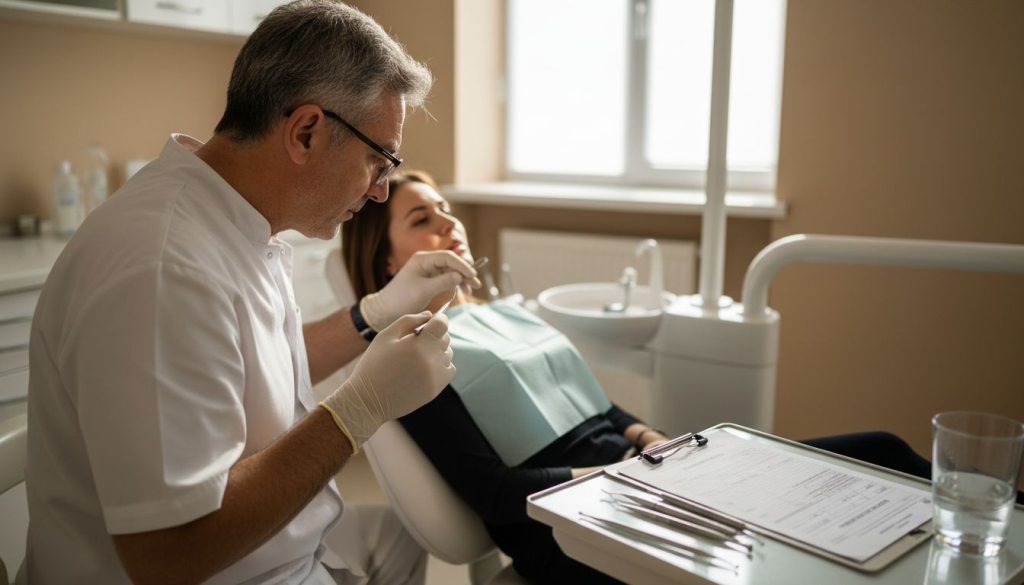 La cabinetul de parodontologie din București, medicul examinează atent pacienta pentru a identifica eventualele probleme gingivale.