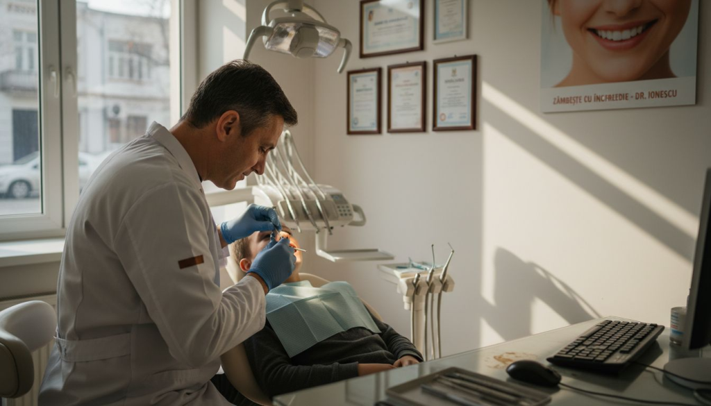 Medicul stomatolog consultă un pacient la cabinet în București.