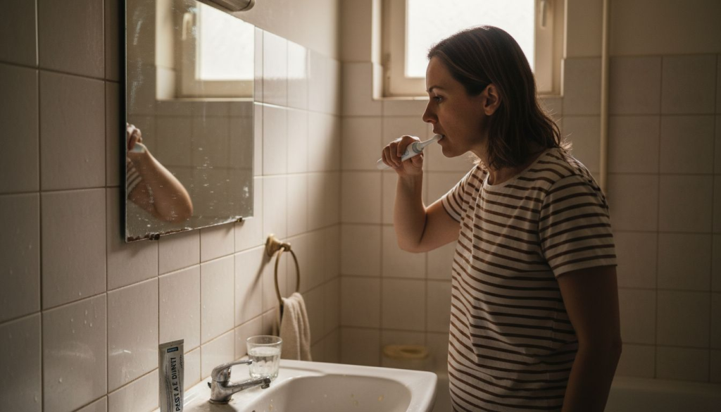 O femeie își curăță dinții cu o periuță electrică, stând lângă chiuvetă și acordând atenție fiecărui detaliu.