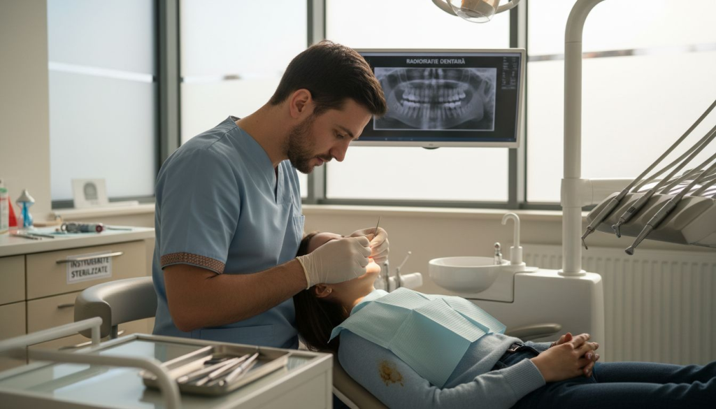 Medicul stomatolog examinează cu atenție o coroană dentară în cabinet.