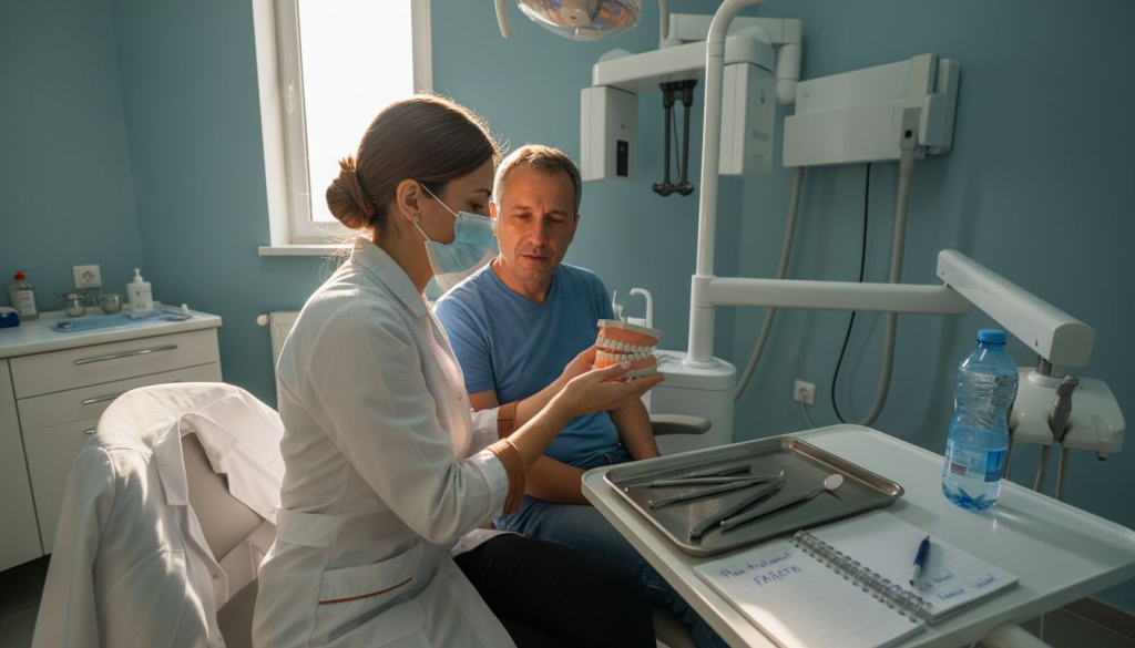 Medic stomatolog discutând cu pacientul despre fațetele dentare, în cabinet.