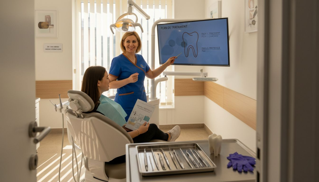 Medic stomatolog discută cu un pacient în cabinetul său din București.