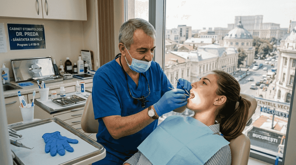 Medicul stomatolog tratează un pacient cu carie dentară.