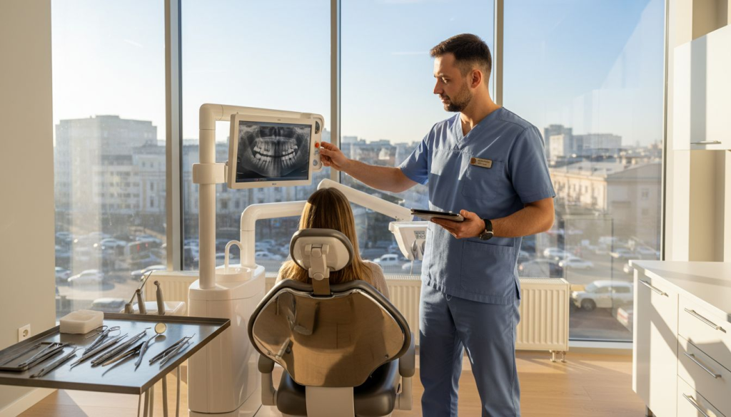 Medic stomatolog pregătind o radiografie într-o clinică modernă din București