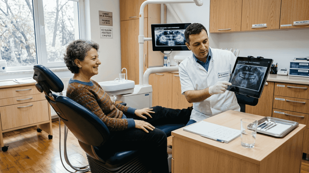 La cabinet, doctorul îi explică pacientei rezultatele radiografiilor.