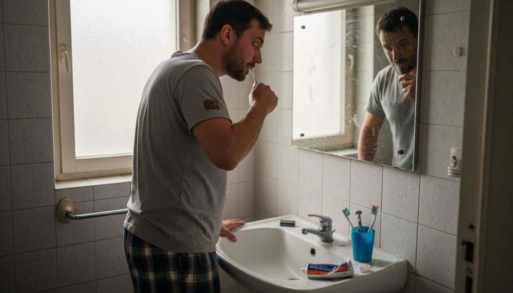 Un adult își spală dinții la chiuveta din baia apartamentului.