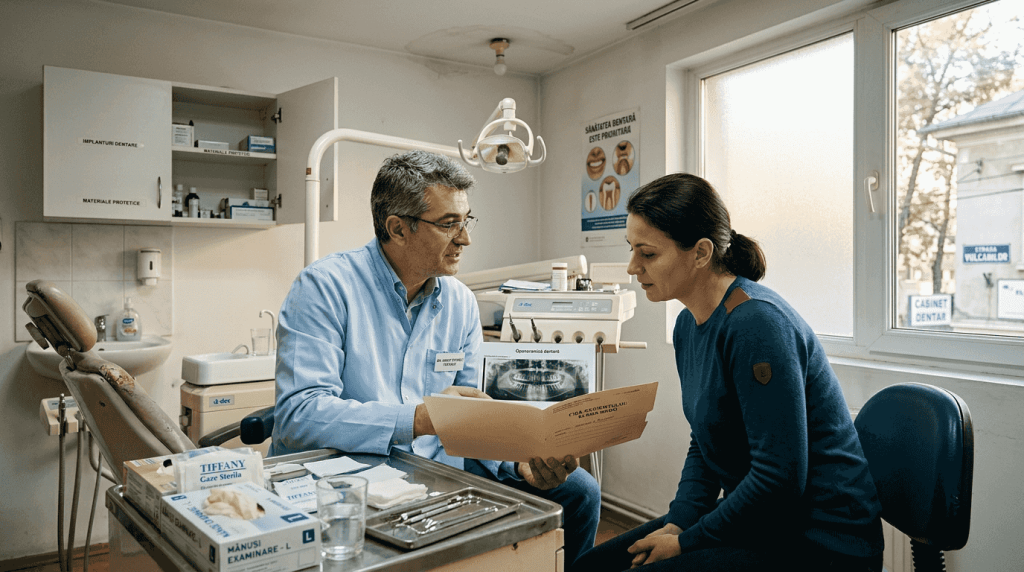Medicul stomatolog îi prezintă pacientului diferite variante de implanturi dentare, explicând avantajele și opțiunile potrivite pentru nevoile acestuia.