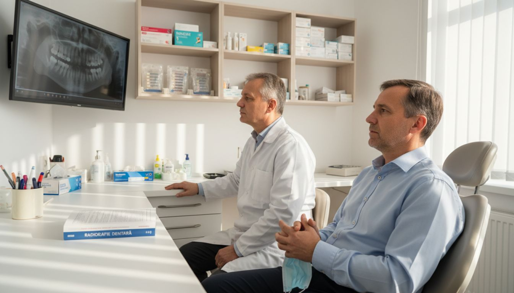 Medicul dentist examinează radiografiile pacientului pentru a stabili un diagnostic precis.