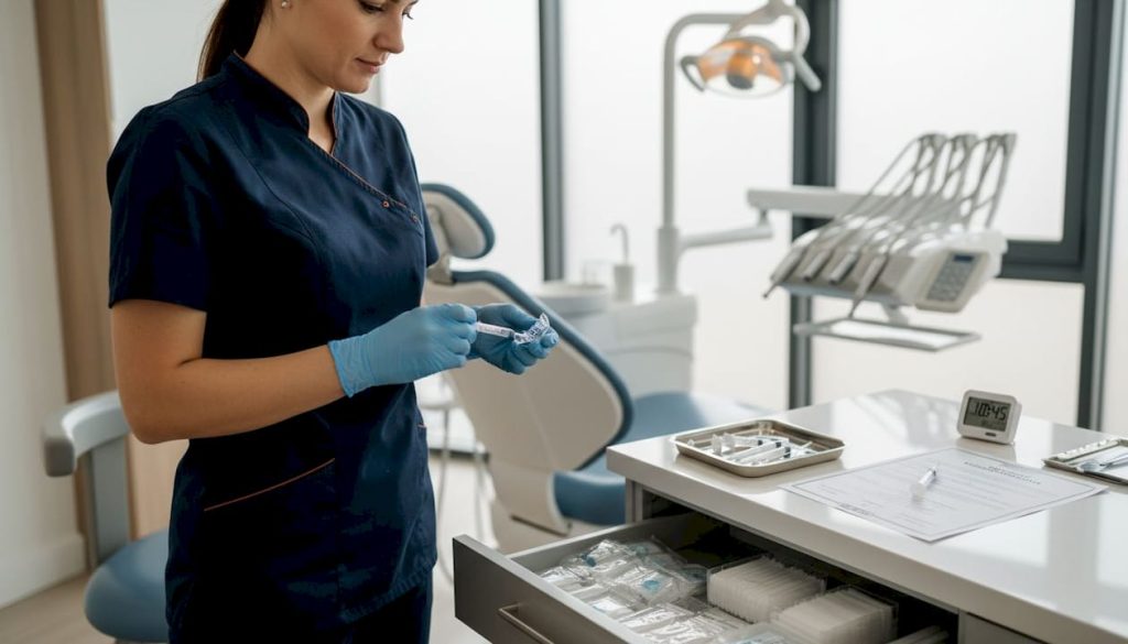 Medicul stomatolog pregătește tratamentul de albire pentru pacient în cabinet.