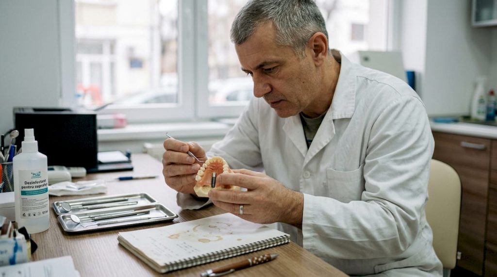 Medicul analizează un model de implant dentar