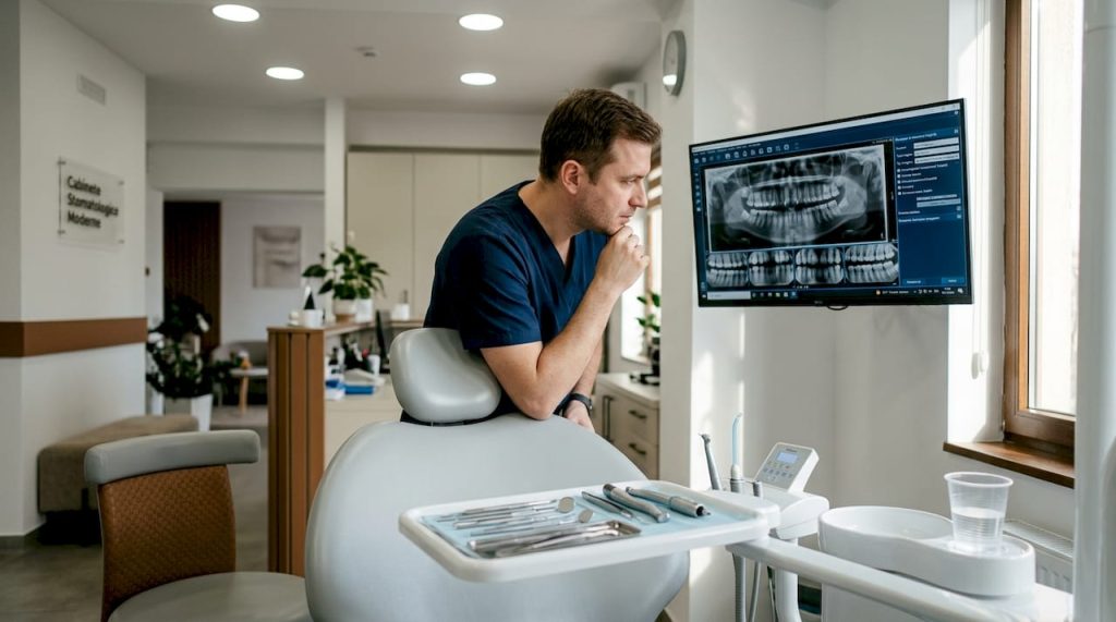 Medicul stomatolog analizează o radiografie lângă scaunul de consultație.