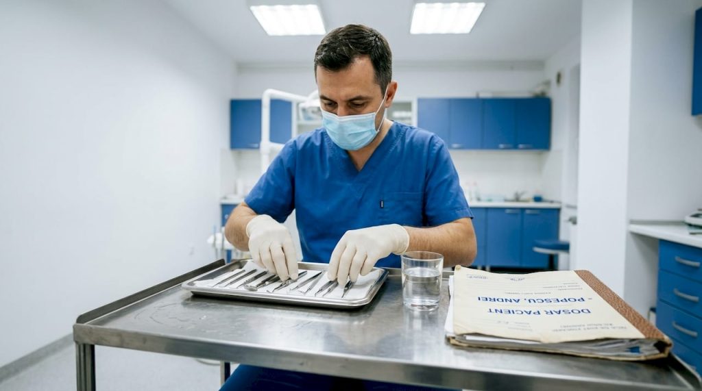 Medicul stomatolog se ocupă de pregătirea instrumentelor înainte de intervenția chirurgicală.
