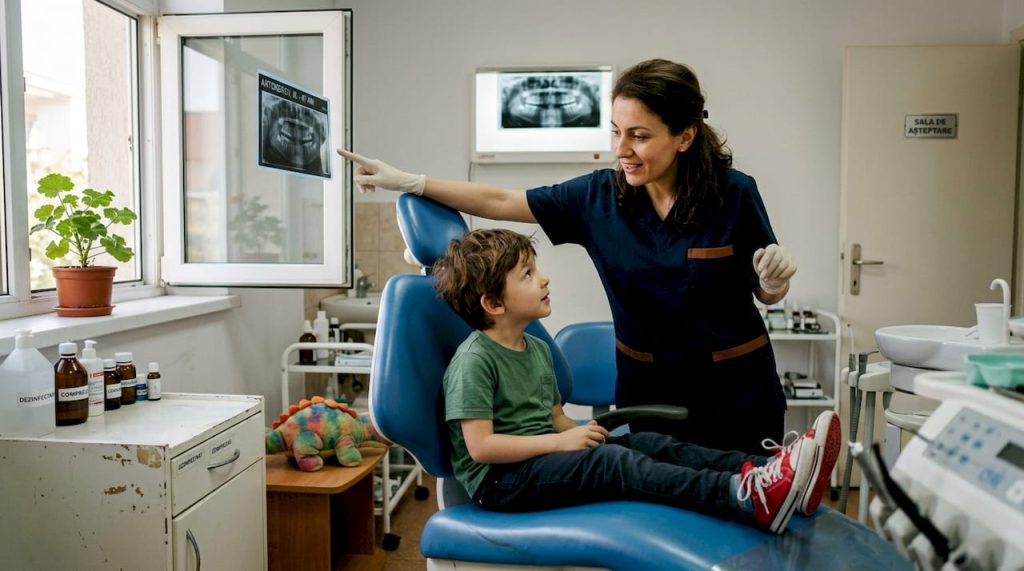 Stomatologul îi explică unui copil, pe înțelesul lui, ce înseamnă tratamentul de canal și de ce este important să aibă grijă de dințișorii lui.