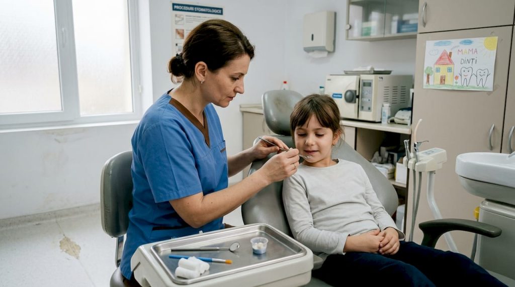 Medicul stomatolog aplică sigiliu pe măseaua unui copil pentru a o proteja de carii.