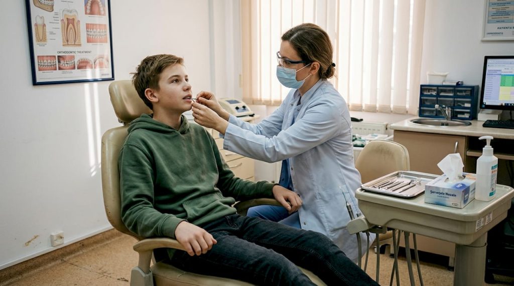 Un adolescent stă pe scaunul stomatologic, iar medicul îi ajustează aparatul dentar.