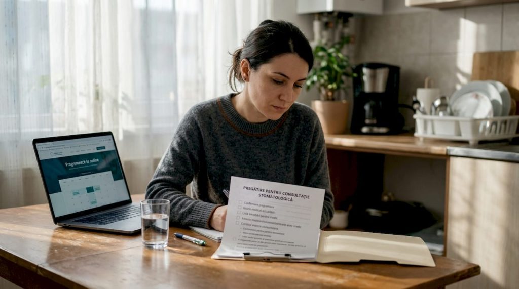 O femeie își verifică lista cu lucruri de făcut pentru sănătatea dinților, așezată la masa din bucătărie.