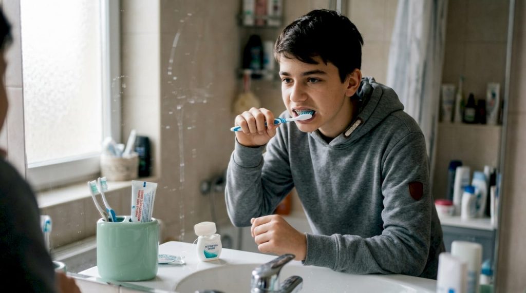 Un adolescent cu aparat dentar își spală dinții în baie.