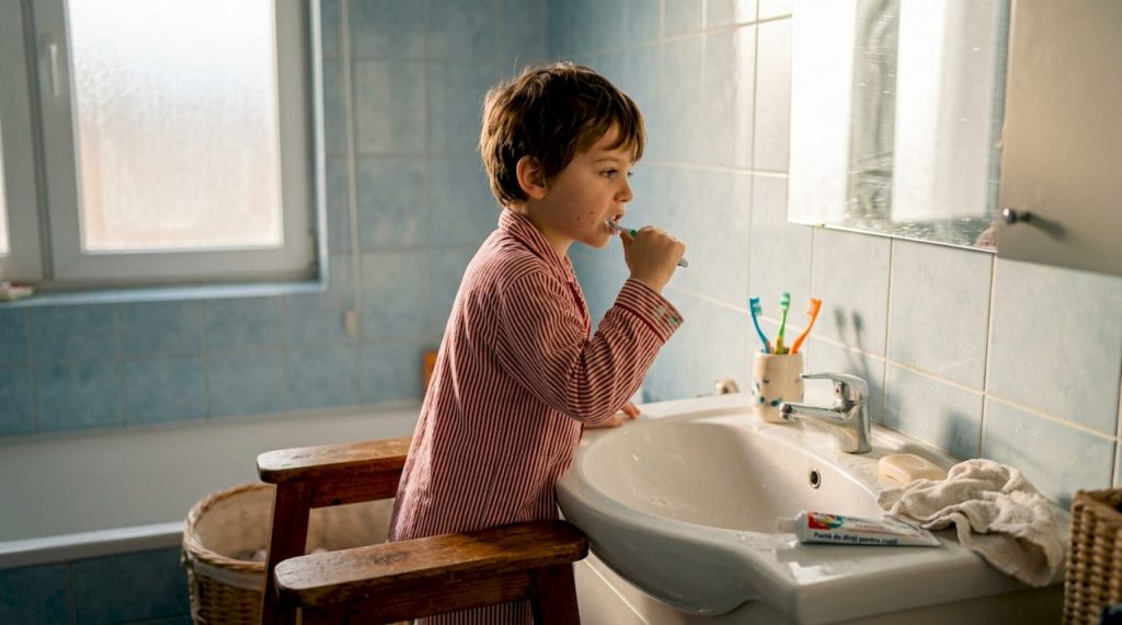 Un copil își spală dinții într-o baie vraiște, cu tot felul de lucruri împrăștiate peste tot.