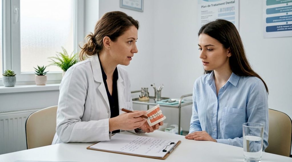 Medic stomatolog care îi explică pacientului cum să aibă grijă corect de dantura sa