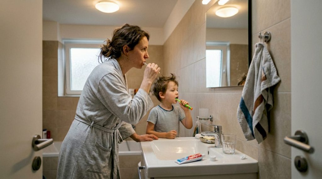 Momente de îngrijire: mama îl ajută pe cel mic să se spele pe dinți acasă