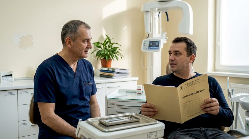 Medicul stomatolog discută cu pacientul în cabinet, evaluând starea dinților acestuia.