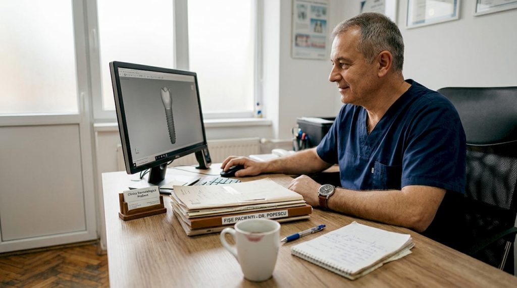 Medic stomatolog analizează implanturile dentare la biroul din cabinet.