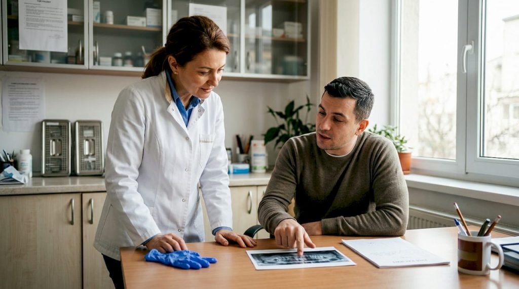 Medicul parodontolog îi explică pacientului rezultatele radiografiei
