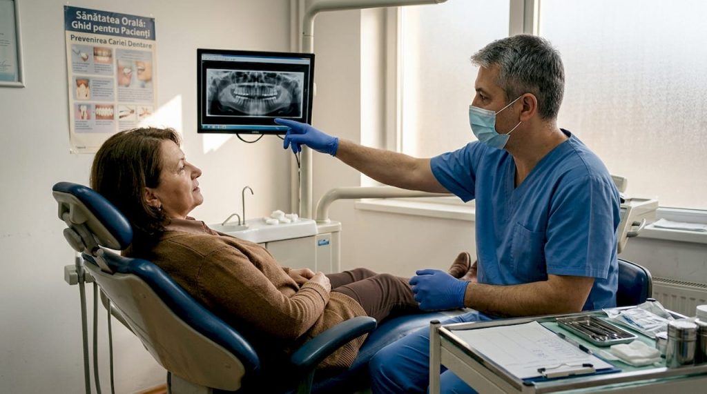 Medic stomatolog explică pacientului rezultatele radiografiei dentare și îi oferă recomandări pentru tratament.