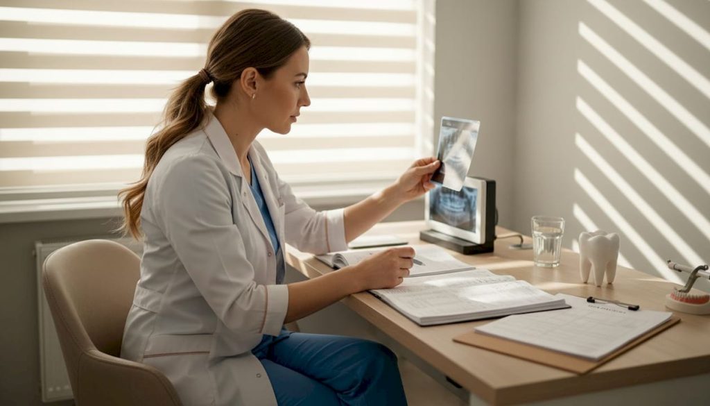 Medic stomatolog analizând fișele pacienților în cabinet