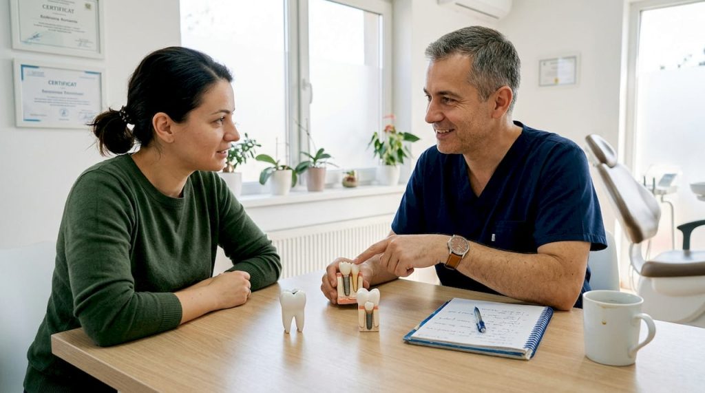 Medicul stomatolog îi explică pacientului, în cabinet, ce presupune procedura de implant dentar și răspunde la toate întrebările acestuia.