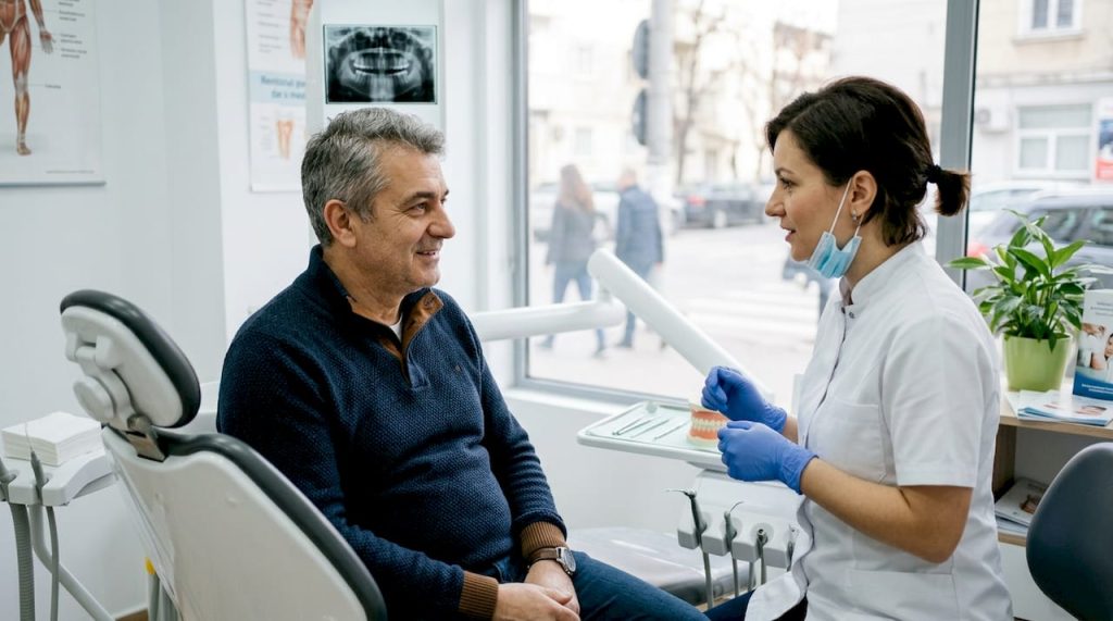 Pacientul poartă o discuție deschisă cu medicul stomatolog.