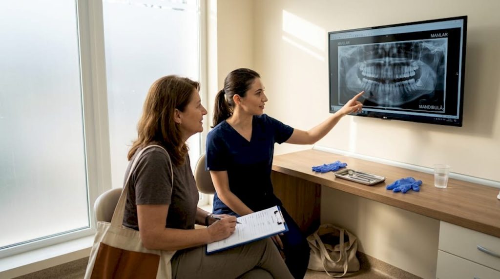 Medicul stomatolog îi arată pacientului radiografia dentară, explicându-i ce se vede pe imagine.