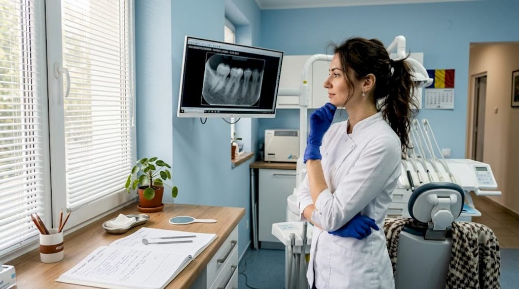 Medicul stomatolog analizează o radiografie dentară lângă scaunul pacientului.