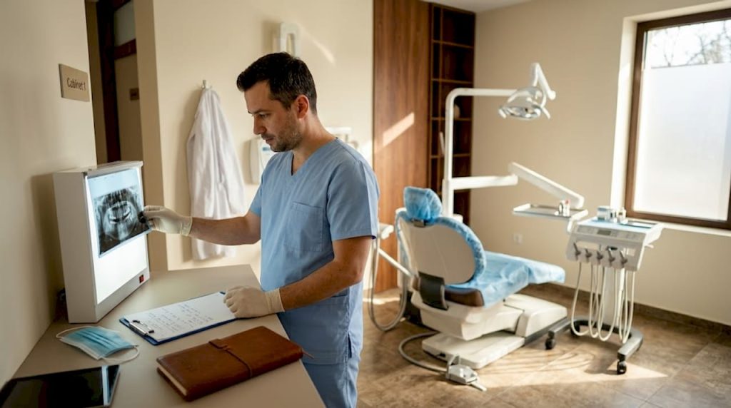 Medic stomatolog analizând o radiografie dentară în cabinet