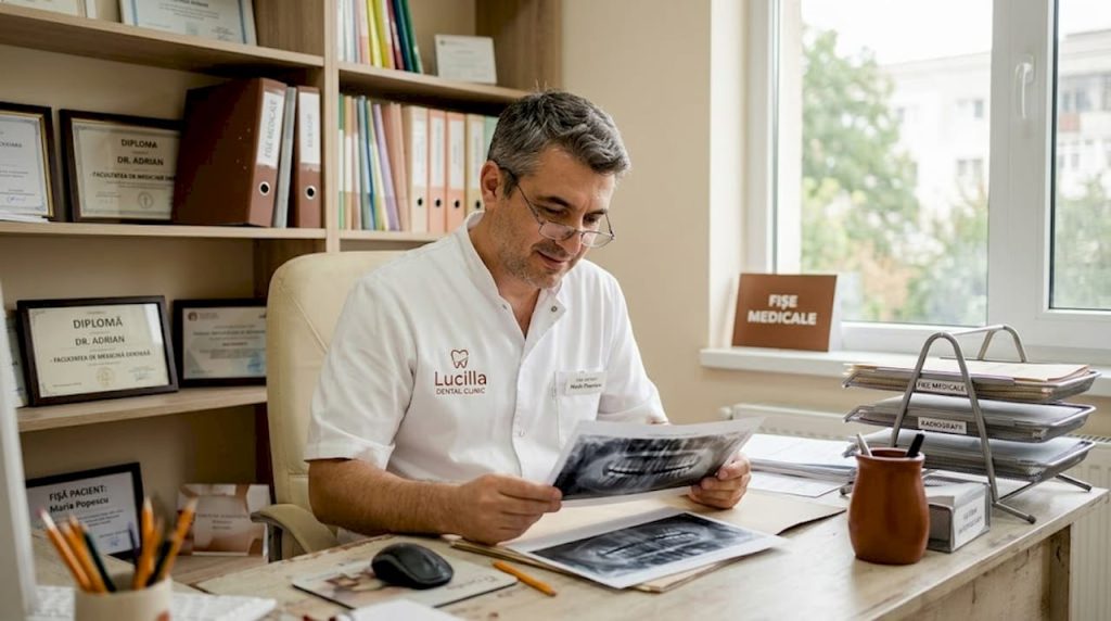 Medicul stomatolog analizează dosarele pacienților pentru a actualiza planul de tratament.