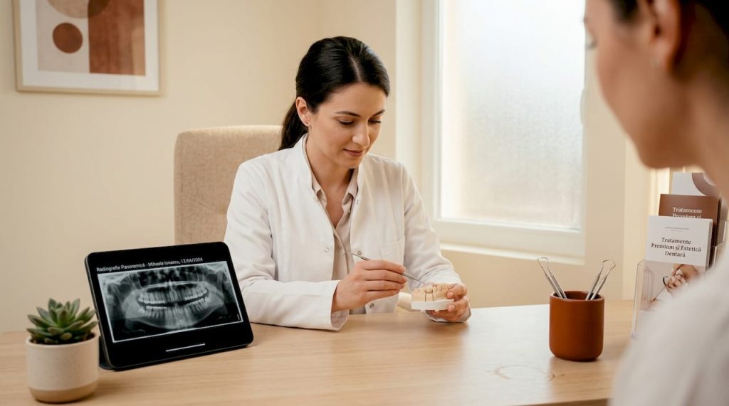 Medic stomatolog analizând o coroană dentară la birou
