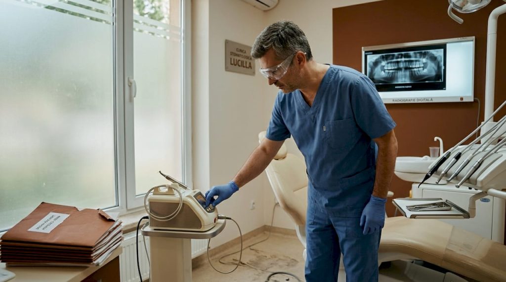 Medicul stomatolog pregătește laserul dentar într-un cabinet modern.