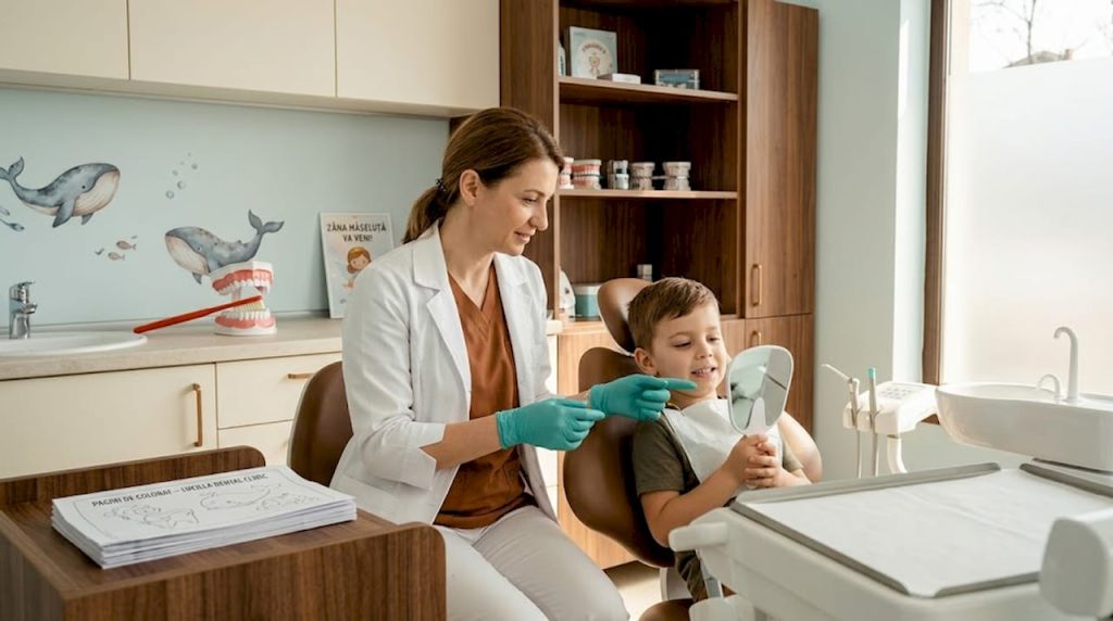 Medicul stomatolog îi explică băiețelului, pe înțelesul lui, cum va decurge procedura dentară.