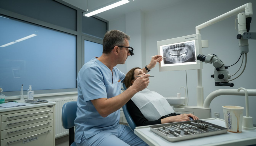 Medicul endodont analizează o radiografie dentară în cabinet.