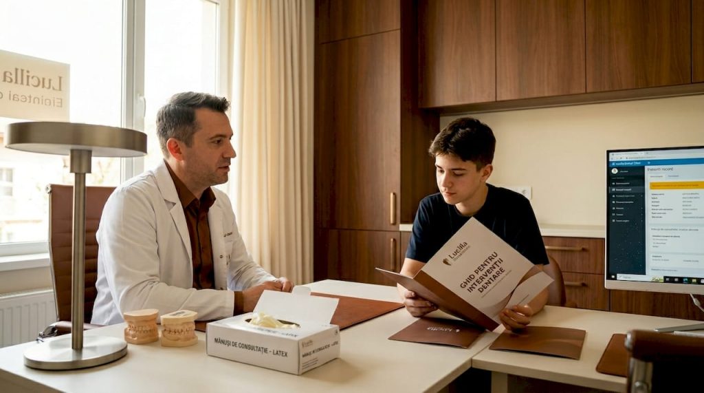 Medic stomatolog explică pacientului variantele de tratament disponibile
