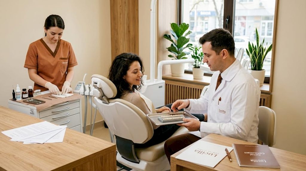 O pacientă poartă o discuție cu medicul stomatolog despre posibilitatea aplicării fațetelor dentare, întrebând despre beneficii, procedură și rezultate.