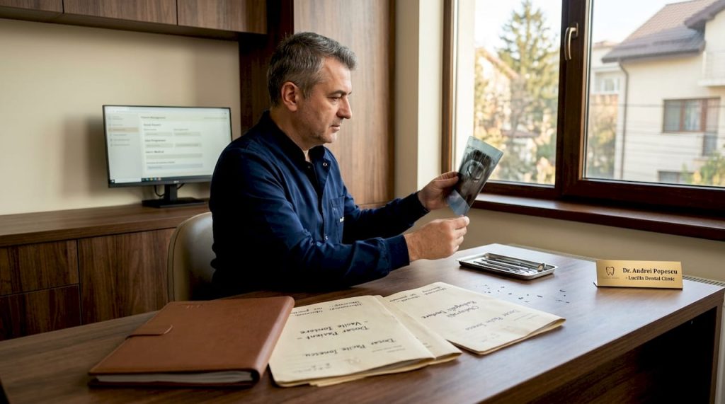 Un medic examinează o radiografie pentru a verifica poziția unui implant dentar.