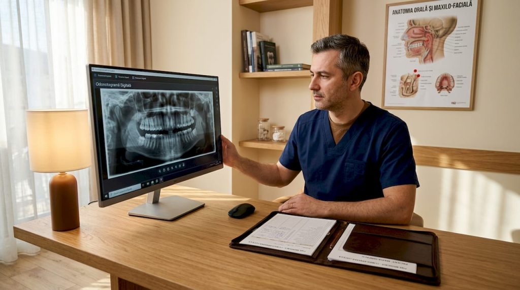 Medic stomatolog examinând radiografia pacientului pe ecranul computerului