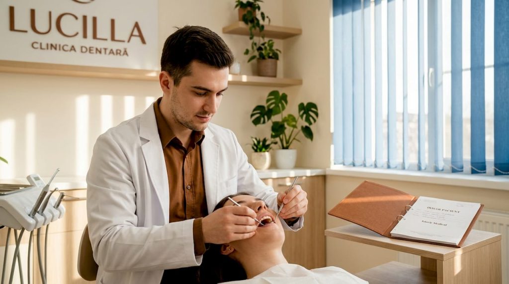 Medicul stomatolog verifică dacă dinții pacientului sunt aliniați corect în cabinet.
