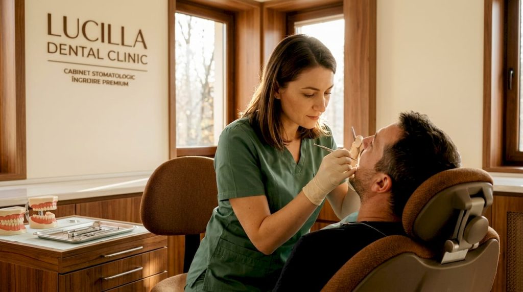 Medic stomatolog care tratează o carie dentară