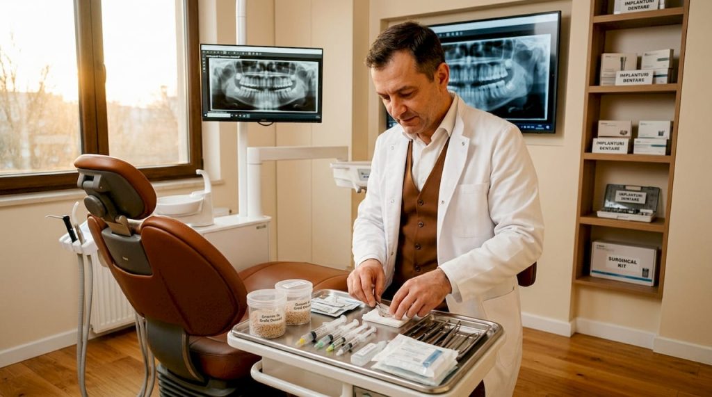 Medicul stomatolog pregătește materialele necesare pentru grefa osoasă, direct în cabinet.