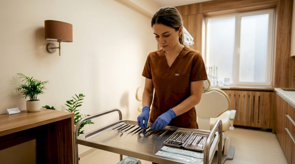 Igienista dentară pregătește instrumentarul înainte de începerea consultațiilor în cabinet.