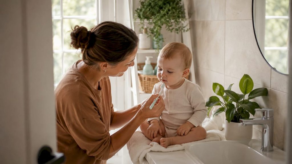 O mamă care îi spală pentru prima dată dințișorii bebelușului ei